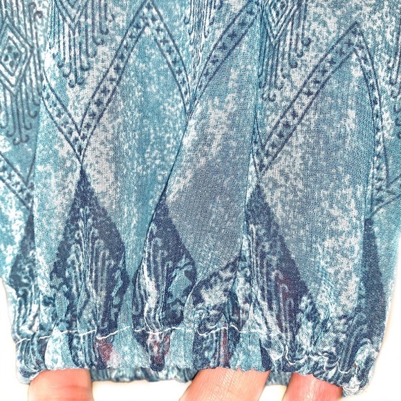 BCBGMaxAzria size S orange blue & ivory BOHO tie front long puffed sleeve blouse - Picture 10 of 15